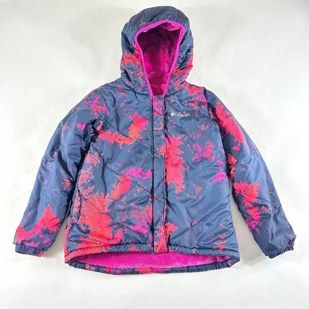 Columbia Girls Medium 10/12 Reversible Hooded Jacket Pink Navy Fleece SG7673